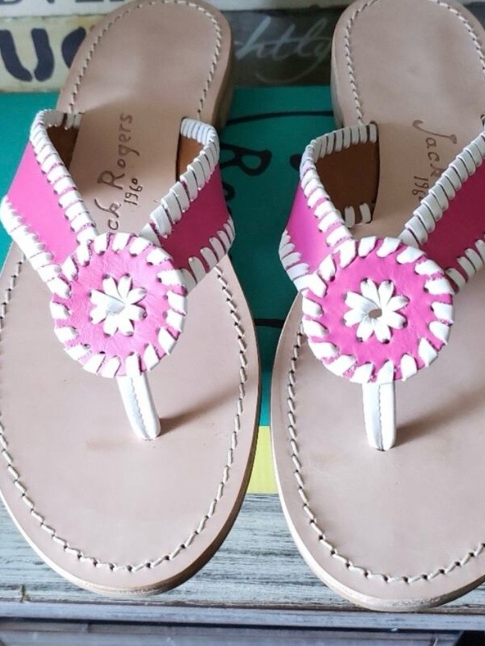 Classic Jack Rogers Pink and White Leather Thong Sandals